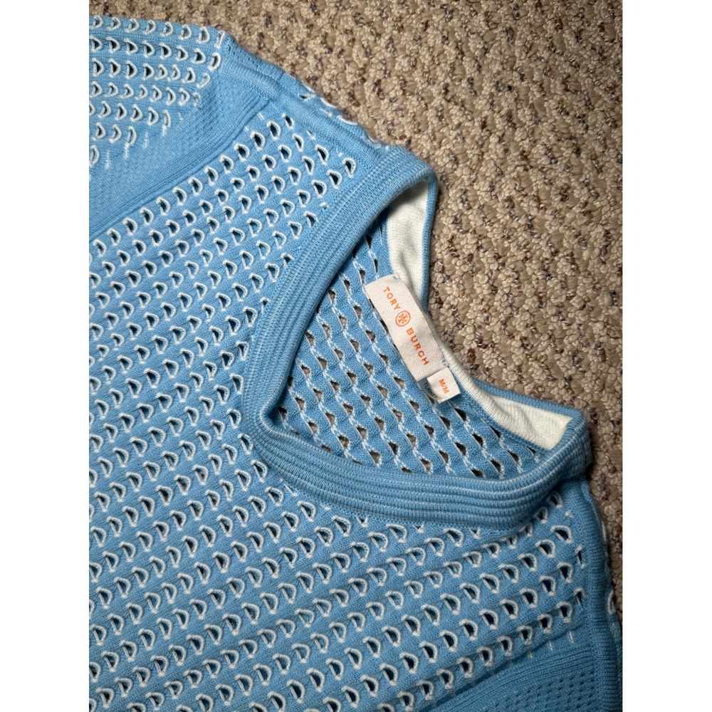 Tory Burch Light Blue White Pointelle Eyelet Knit Crewneck Sweater Womens M - Picture 5 of 8